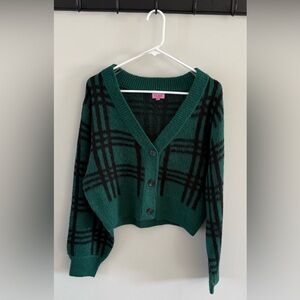 Mi Ami Green & Black Plaid Cropped Cardigan Sweater Size M